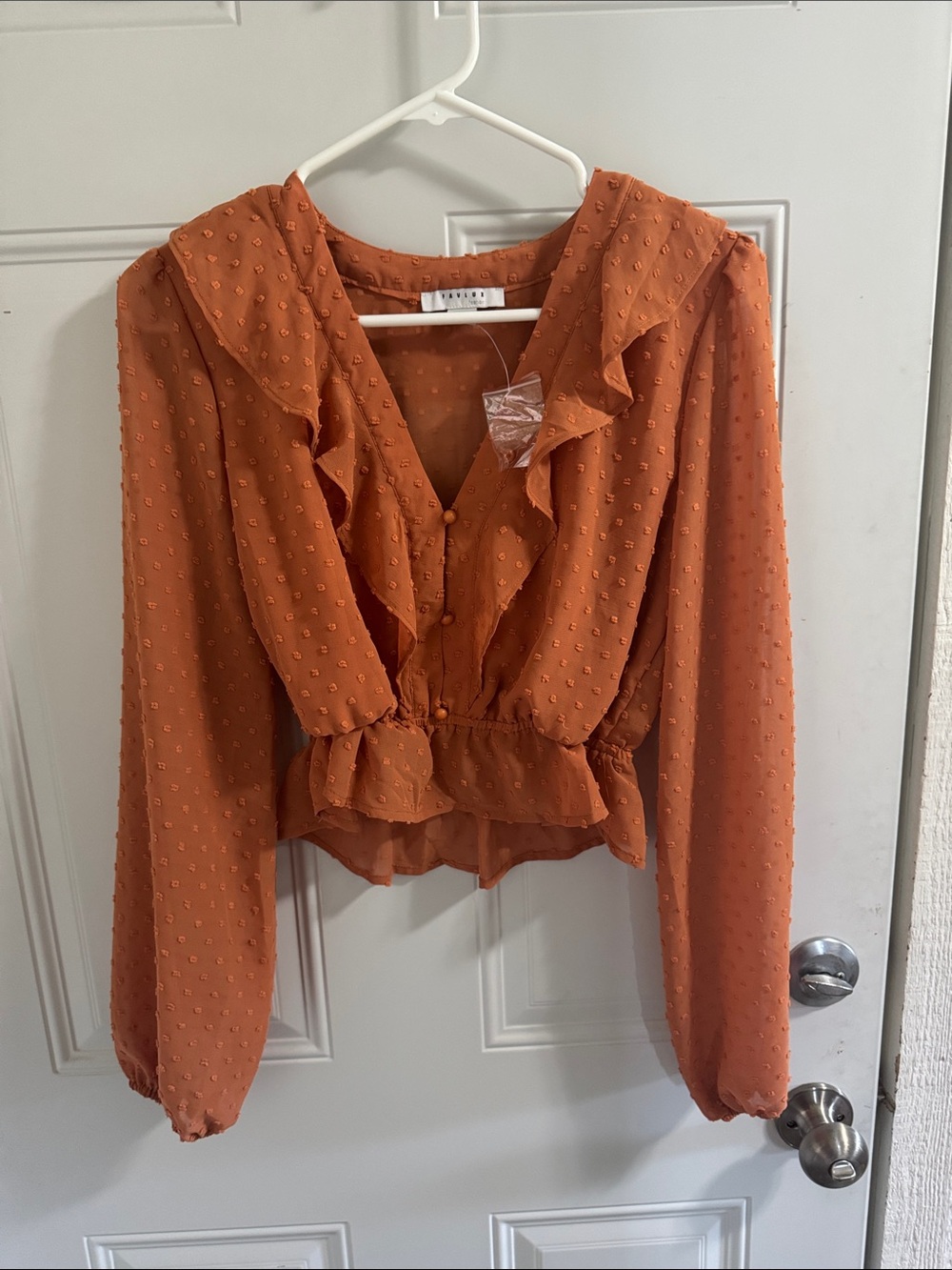 Textured Ruffle Long Sleeve Blouse - Rust